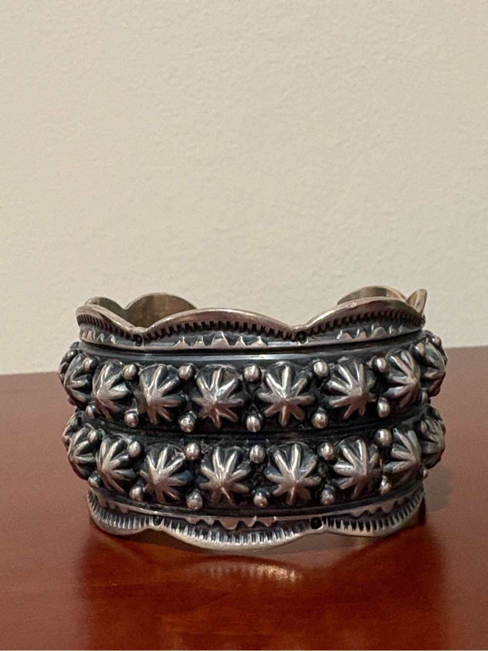 Navajo Happy Piasso Sterling Silver Double Row Star Shot Cuff - 89.32g